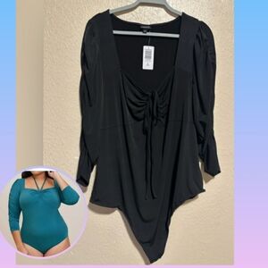 Torrid Studio Knit Ruched Front Halter Tie Puff Sleeve Bodysuit Size‎ 3X Black